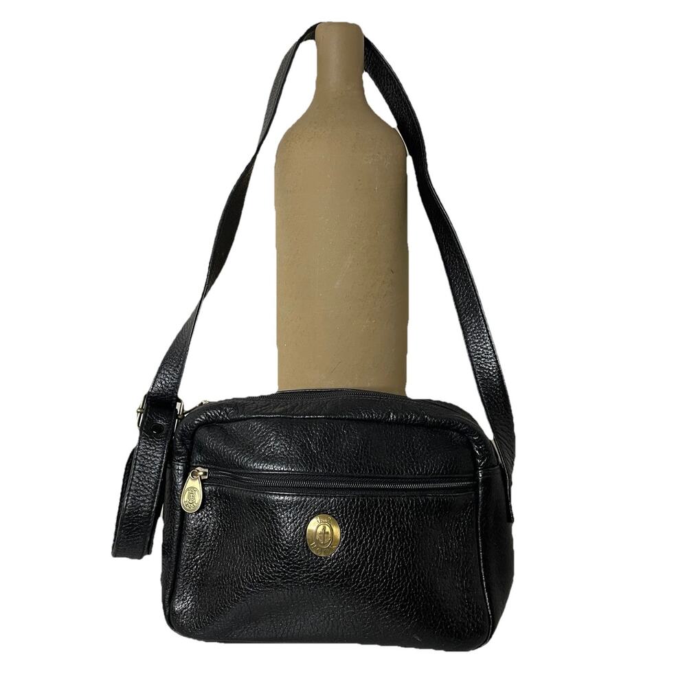 J.G. Hook Black Pebbled Leather Shoulder Crossbody Purse Bag Brass Emblem Loop